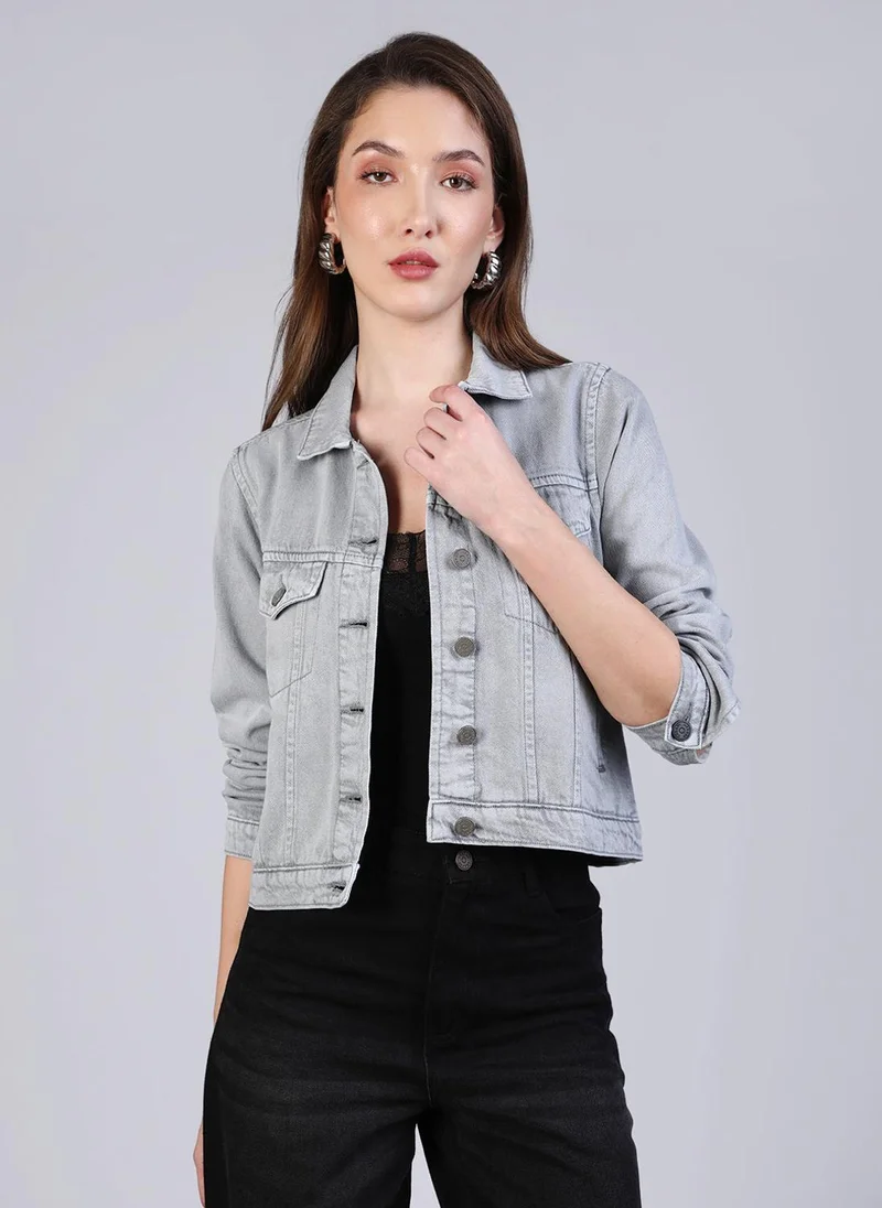 Urbano Fashion Urbano Fashion Women's Light Grey Regular Fit Washed Full Sleeve Denim Jacket
